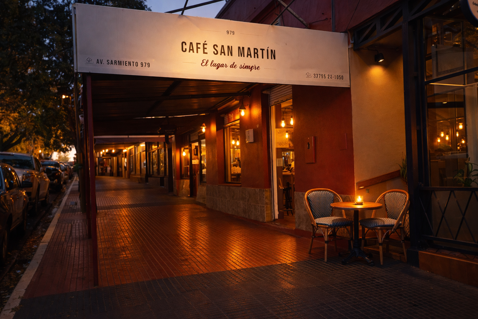 Interior cálido con luces colgantes — Café San Martín